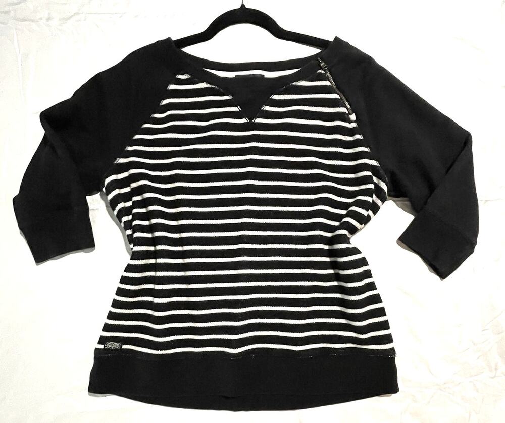 Ralph Lauren Womens L Sweater Top 3/4 Sleeve Black White Stripe Classic Prep EUC